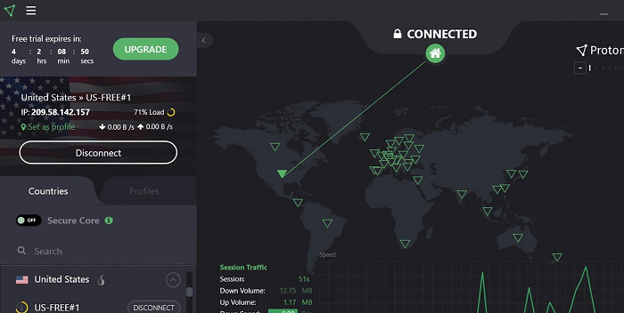 Giao diện kết nối ProtonVPN tại các quốc gia